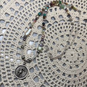 Silver seahorse Pendant & Multicolor gemstones, pearls & glass Beaded Necklace